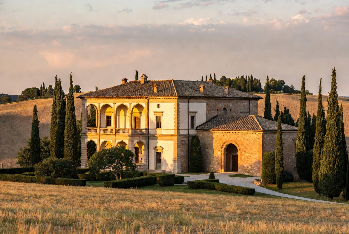 Elegant historic Italian villa in the countryside at golden hour