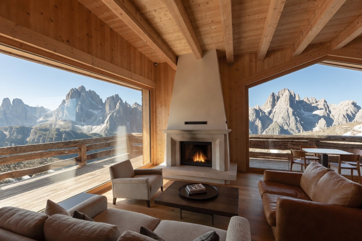 Timber interior living room with mountain views