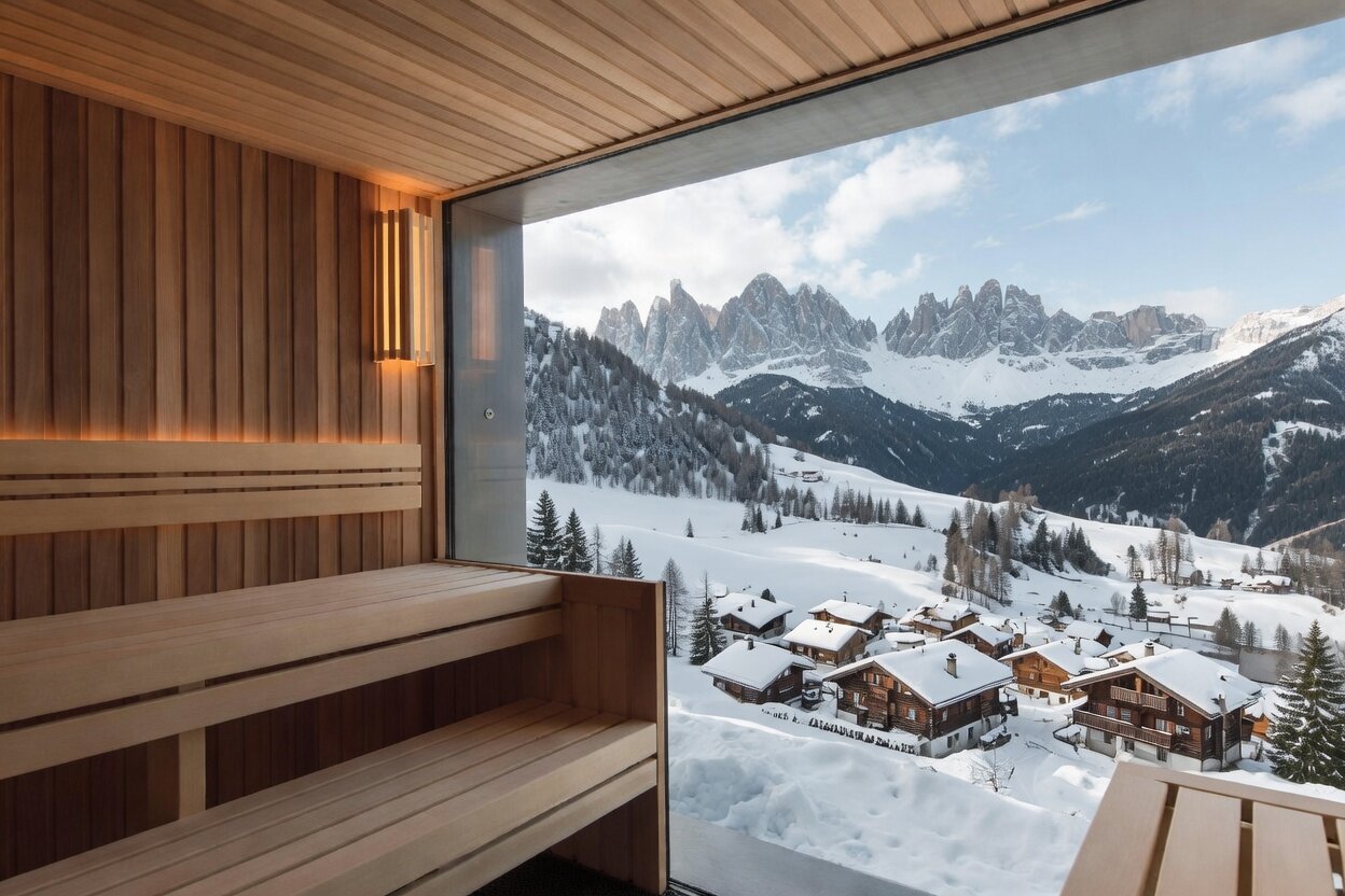 Sauna with glass wall overlooking the Dolomites