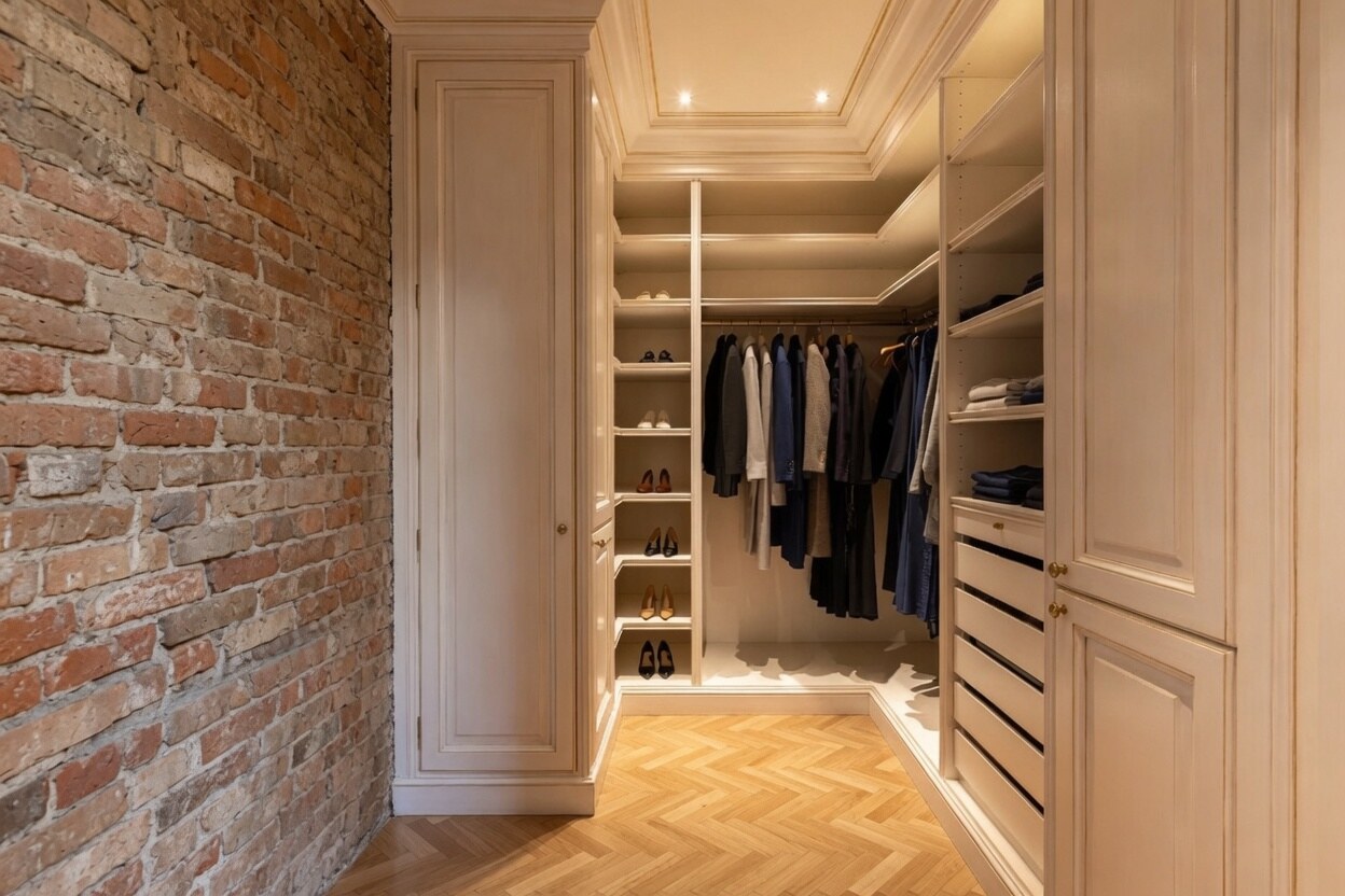 Walk-in closet with exposed brick wall
