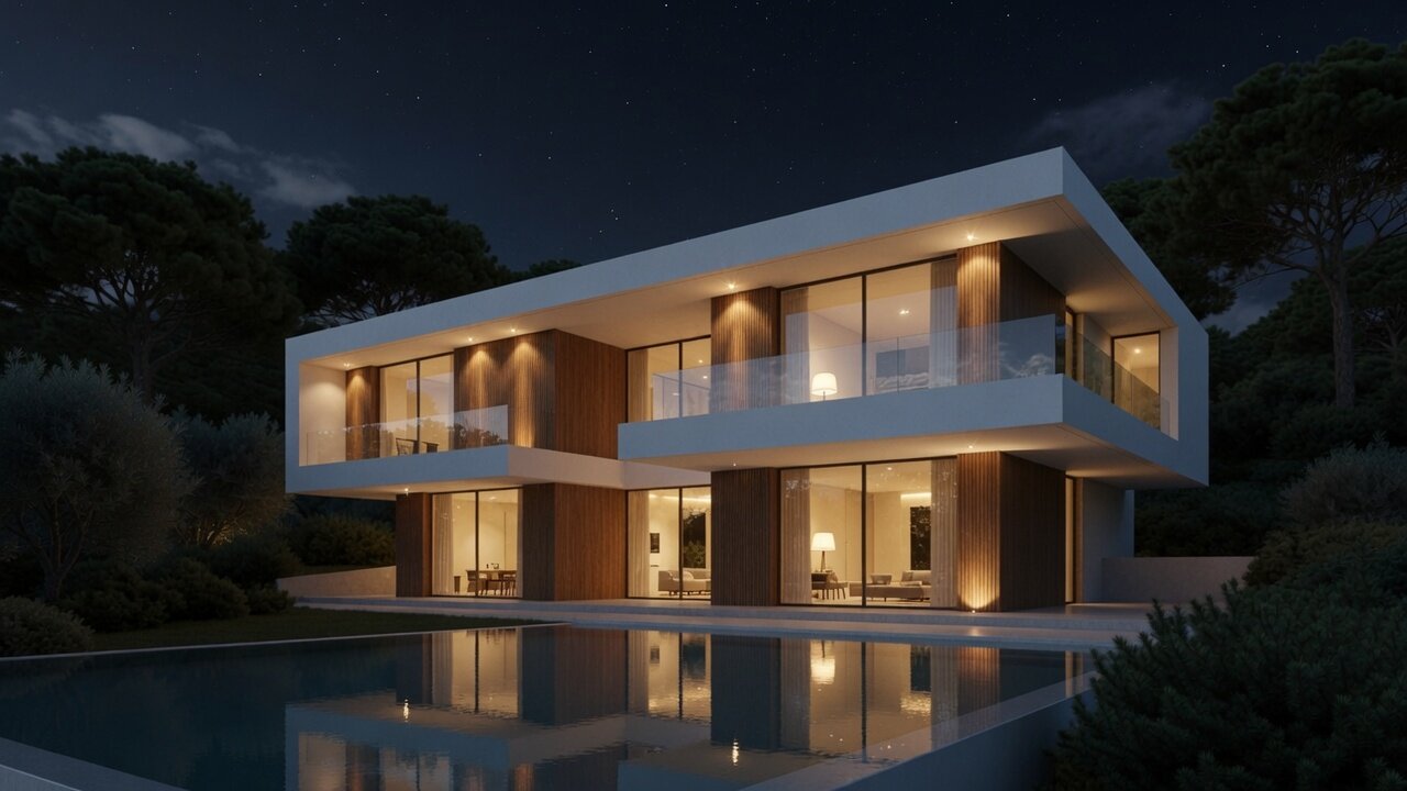 Villa at dusk with pool reflections