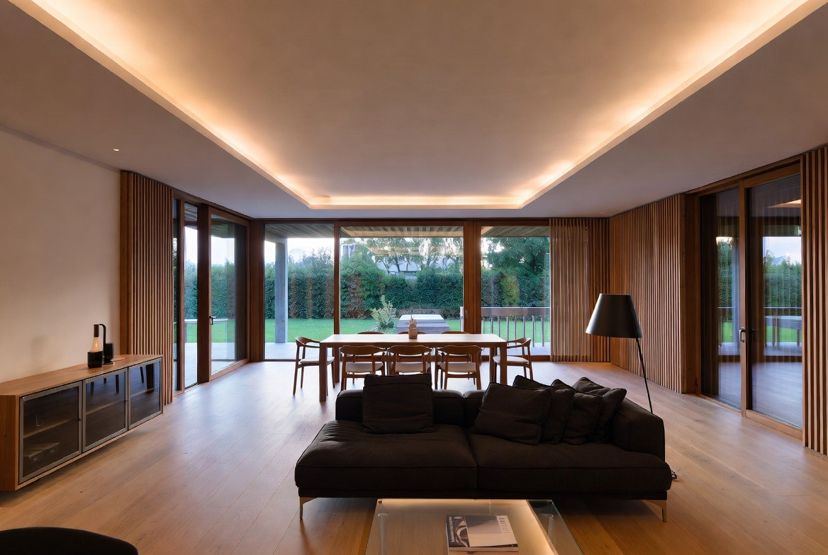 Contemporary living area with wooden vertical screens