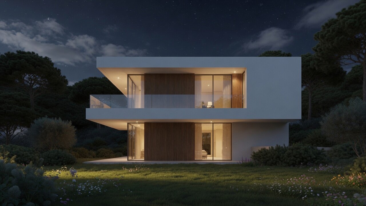 Villa night view with warm interior lighting